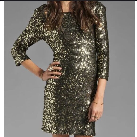 3/4 Sleeve Sequin Dress in Gold Black MM Couture by Miss Me size L mini sequins - Picture 1 of 7
